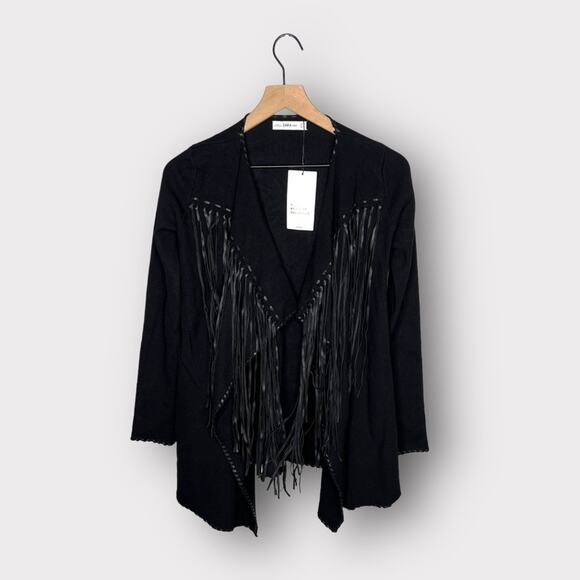 Zara Faux Leather Fringe Tassel Sweater Coat Small New - Picture 3 of 8